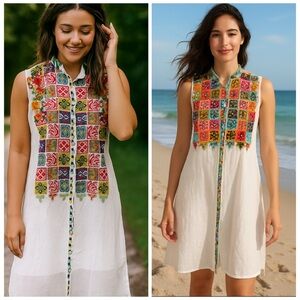 Johnny Was Torreya Embroidered Sleeveless Button Down White Dress Small NWT